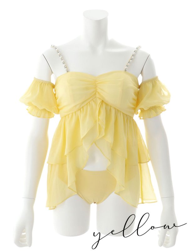 画像45: 【即日発送】【ビキニ】【水着】フリルシフォン×オフショルダー ビキニ  2点セット[YMT]