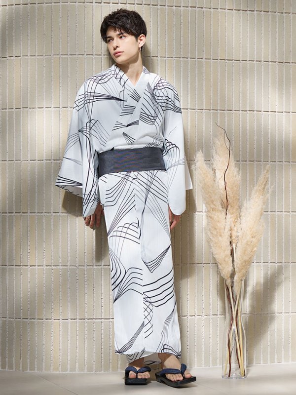 画像14: 【即日発送！】【メンズ浴衣】ホワイト×ブラック線画浴衣【浴衣３点セット 浴衣/帯/下駄】[YMT]