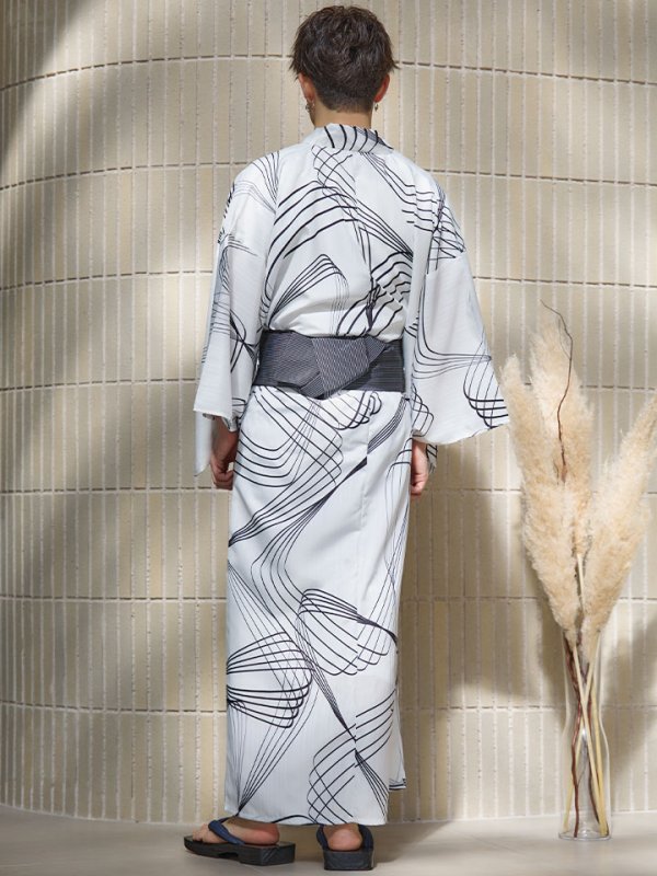 画像16: 【即日発送！】【メンズ浴衣】ホワイト×ブラック線画浴衣【浴衣３点セット 浴衣/帯/下駄】[YMT]