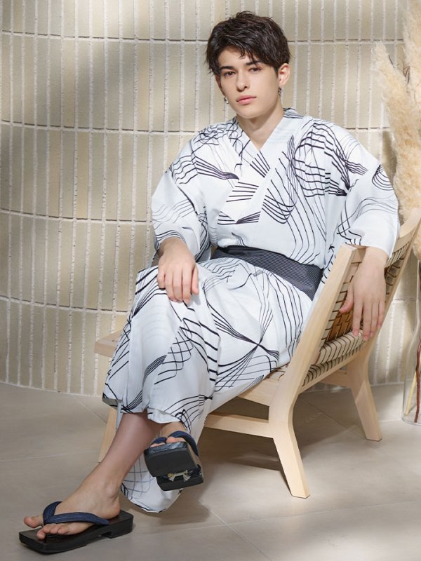 画像5: 【即日発送！】【メンズ浴衣】ホワイト×ブラック線画浴衣【浴衣３点セット 浴衣/帯/下駄】[YMT]