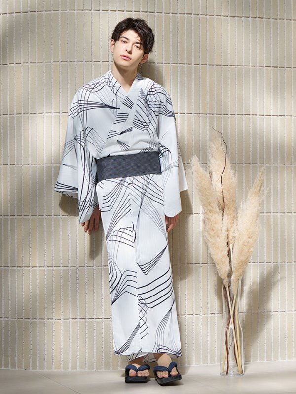 画像7: 【即日発送！】【メンズ浴衣】ホワイト×ブラック線画浴衣【浴衣３点セット 浴衣/帯/下駄】[YMT]