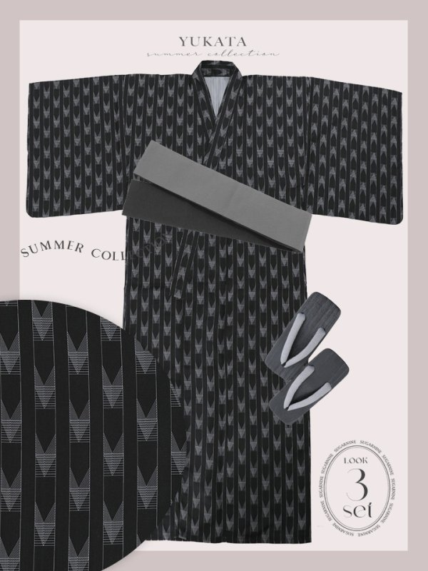 画像18: 【即日発送】【メンズ浴衣】ブラック矢羽線画紳士浴衣 【浴衣３点セット 浴衣/帯/下駄】[YMT]