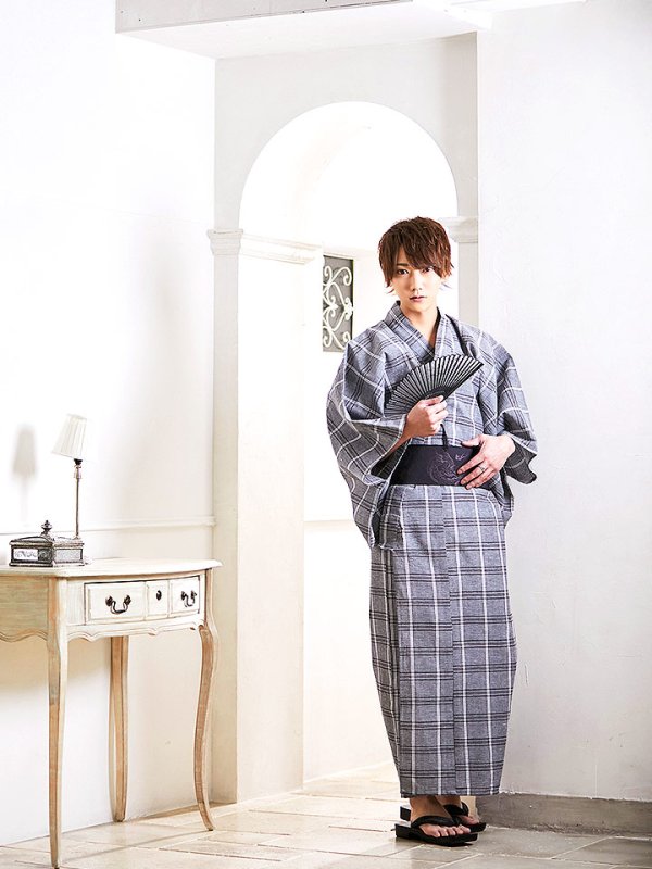 画像3: 【即日発送】【浴衣セット】グレー地格子柄メンズ浴衣【浴衣３点セット 浴衣/帯/下駄】[HC02]