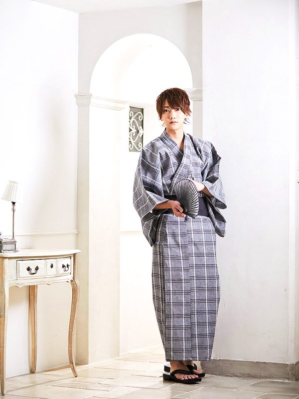 画像7: 【即日発送】【浴衣セット】グレー地格子柄メンズ浴衣【浴衣３点セット 浴衣/帯/下駄】[HC02]