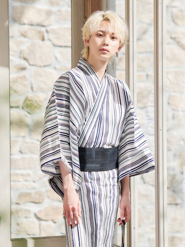 画像4: 【即日発送】【メンズ浴衣】白地×スタイリッシュストライプ浴衣【浴衣３点セット 浴衣/帯/下駄】[YMT]