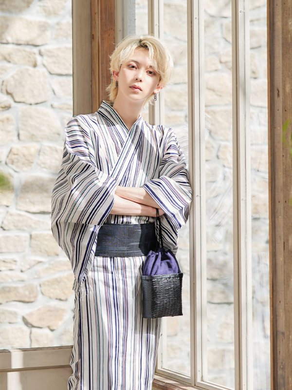 画像6: 【即日発送】【メンズ浴衣】白地×スタイリッシュストライプ浴衣【浴衣３点セット 浴衣/帯/下駄】[YMT]