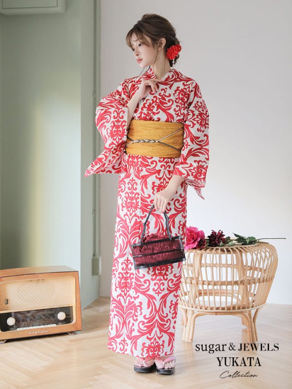 画像3: 【即日発送】【浴衣SALE】SALE!【浴衣】sugar&Jewelsオリジナルデザイン!紅緋×ダマスク浴衣浴衣セット【浴衣3点セット浴衣/帯/下駄】【YMT】