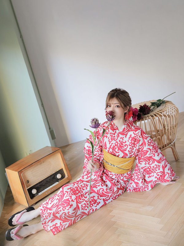 画像9: 【即日発送】【浴衣SALE】SALE!【浴衣】sugar&Jewelsオリジナルデザイン!紅緋×ダマスク浴衣浴衣セット【浴衣3点セット浴衣/帯/下駄】【YMT】