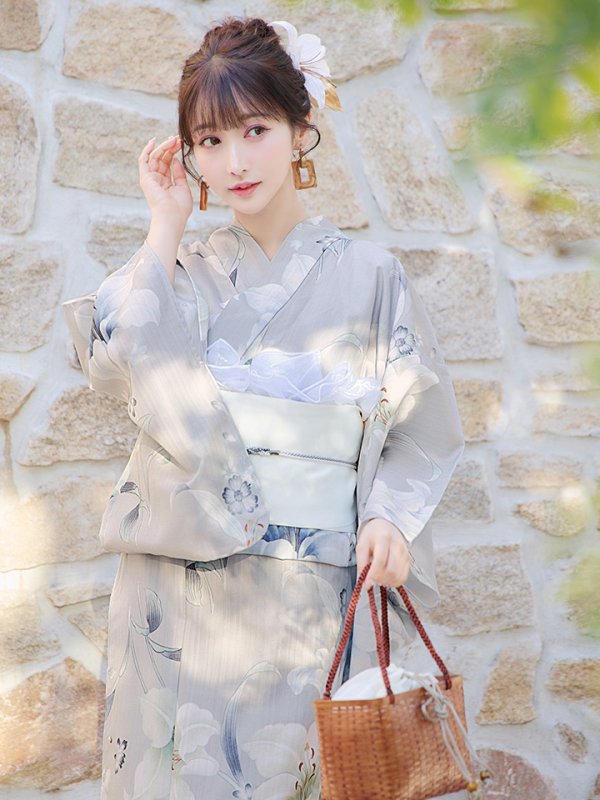 画像10: 【即日発送！】【浴衣】グレー地×可憐に咲き誇る百合浴衣  【浴衣３点セット 浴衣/帯/下駄】[YMT]