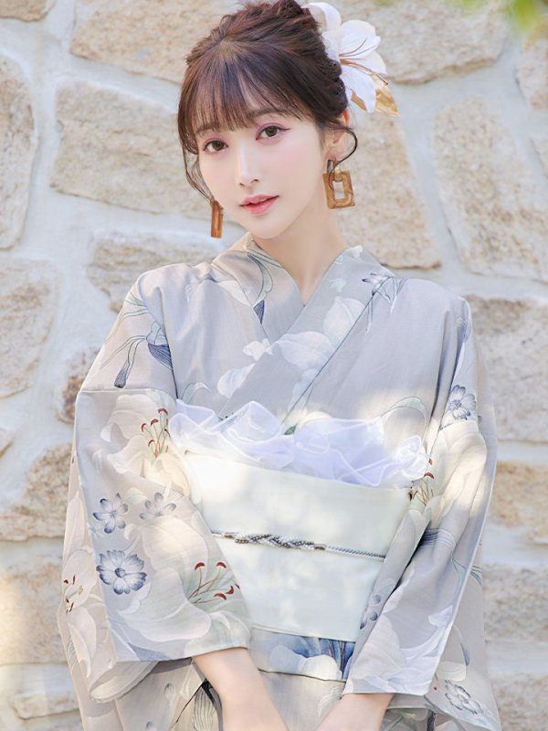 画像5: 【即日発送！】【浴衣】グレー地×可憐に咲き誇る百合浴衣  【浴衣３点セット 浴衣/帯/下駄】[YMT]