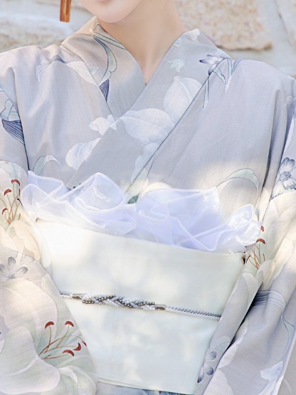 画像6: 【即日発送！】【浴衣】グレー地×可憐に咲き誇る百合浴衣  【浴衣３点セット 浴衣/帯/下駄】[YMT]