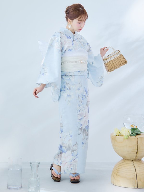 画像4: 【即日発送】クラシカルローズブルー浴衣  【浴衣３点セット 浴衣/帯/下駄】[YMT]