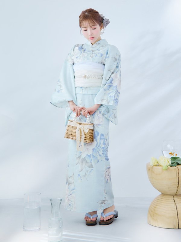 画像6: 【即日発送】クラシカルローズブルー浴衣  【浴衣３点セット 浴衣/帯/下駄】[YMT]
