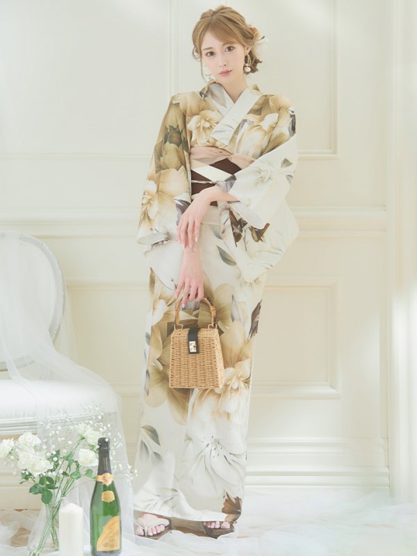 画像10: 【即日発送】ブラウンベージュクラシックフラワー浴衣  【浴衣３点セット 浴衣/帯/下駄】[YMT]