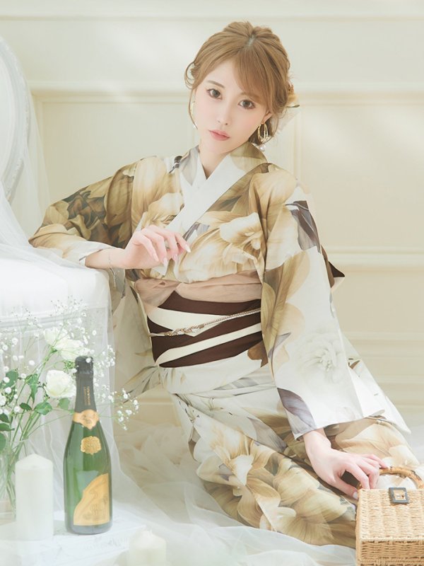 画像12: 【即日発送】ブラウンベージュクラシックフラワー浴衣  【浴衣３点セット 浴衣/帯/下駄】[YMT]