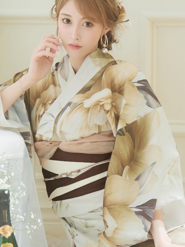 画像14: 【即日発送】ブラウンベージュクラシックフラワー浴衣  【浴衣３点セット 浴衣/帯/下駄】[YMT]