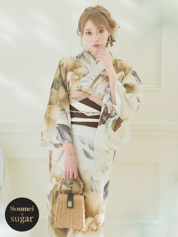 画像3: 【即日発送】ブラウンベージュクラシックフラワー浴衣  【浴衣３点セット 浴衣/帯/下駄】[YMT]