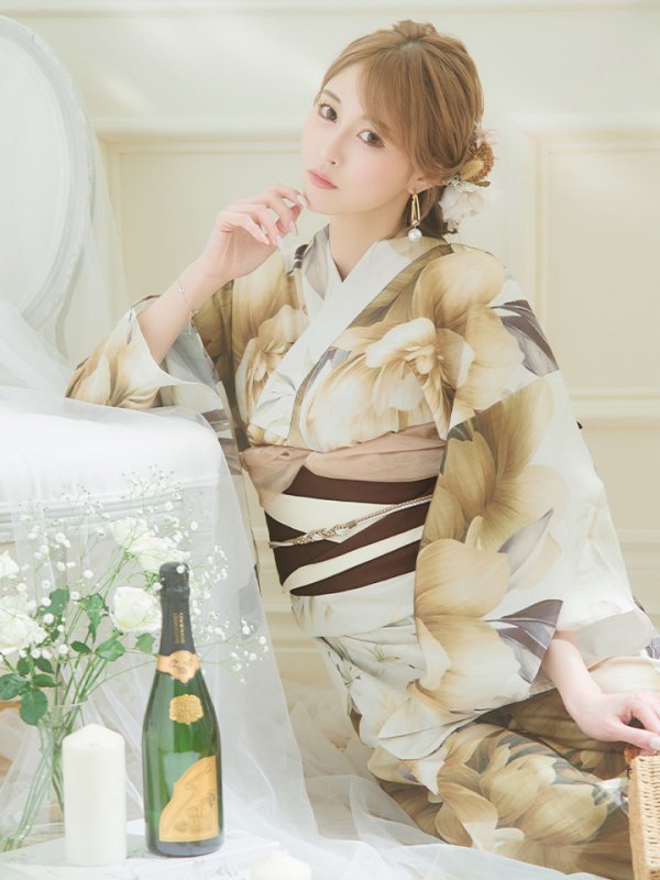 画像9: 【即日発送】ブラウンベージュクラシックフラワー浴衣  【浴衣３点セット 浴衣/帯/下駄】[YMT]