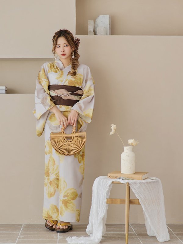 画像10: 【即日発送！】グレージュ×イエローフラワー浴衣  【浴衣３点セット 浴衣/帯/下駄】[YMT]