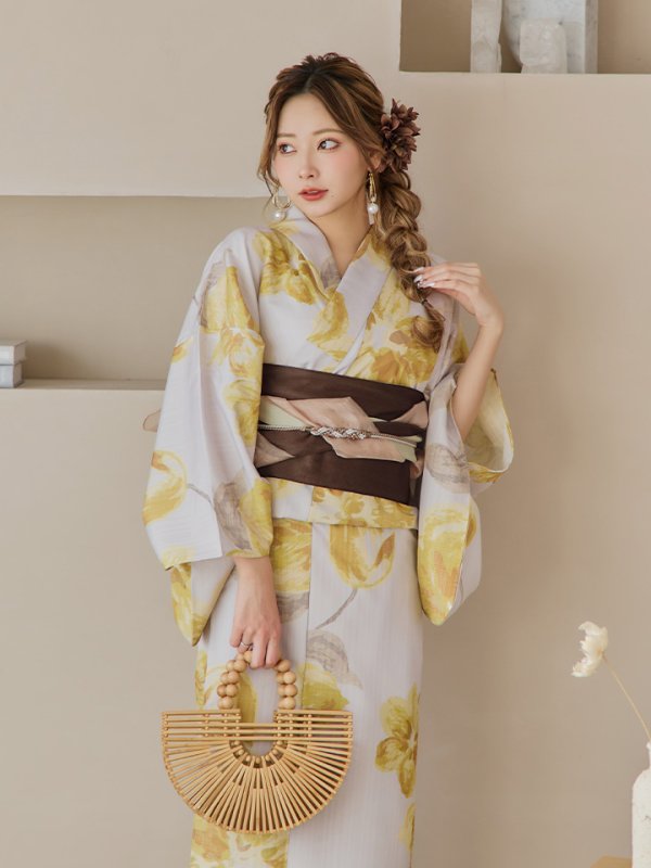 画像11: 【即日発送！】グレージュ×イエローフラワー浴衣  【浴衣３点セット 浴衣/帯/下駄】[YMT]