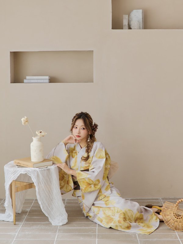 画像15: 【即日発送！】グレージュ×イエローフラワー浴衣  【浴衣３点セット 浴衣/帯/下駄】[YMT]