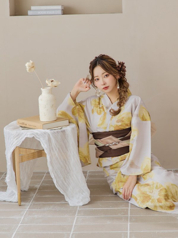 画像16: 【即日発送！】グレージュ×イエローフラワー浴衣  【浴衣３点セット 浴衣/帯/下駄】[YMT]