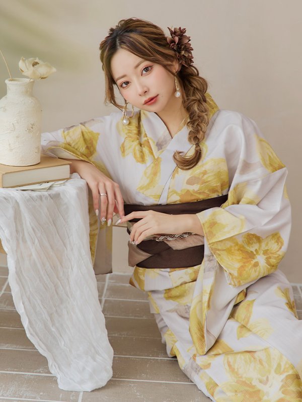 画像19: 【即日発送！】グレージュ×イエローフラワー浴衣  【浴衣３点セット 浴衣/帯/下駄】[YMT]