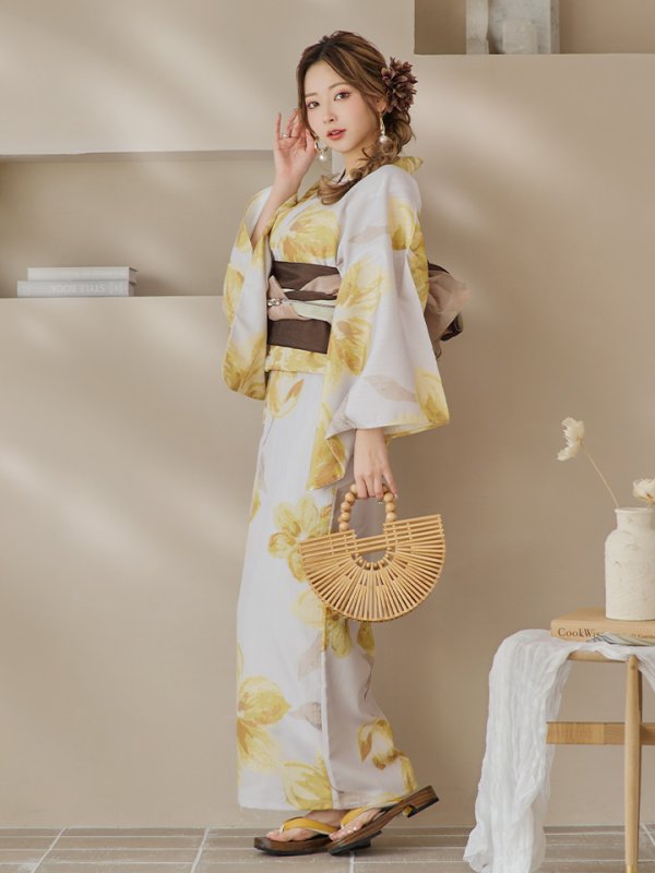 画像3: 【即日発送！】グレージュ×イエローフラワー浴衣  【浴衣３点セット 浴衣/帯/下駄】[YMT]