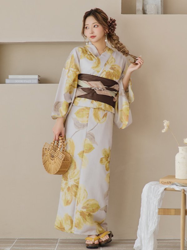 画像4: 【即日発送！】グレージュ×イエローフラワー浴衣  【浴衣３点セット 浴衣/帯/下駄】[YMT]