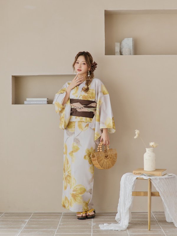 画像5: 【即日発送！】グレージュ×イエローフラワー浴衣  【浴衣３点セット 浴衣/帯/下駄】[YMT]