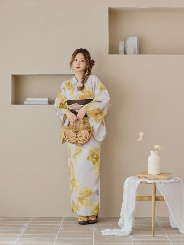 画像6: 【即日発送！】グレージュ×イエローフラワー浴衣  【浴衣３点セット 浴衣/帯/下駄】[YMT]
