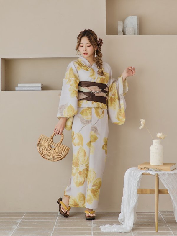 画像7: 【即日発送！】グレージュ×イエローフラワー浴衣  【浴衣３点セット 浴衣/帯/下駄】[YMT]