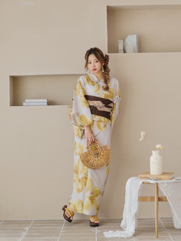 画像8: 【即日発送！】グレージュ×イエローフラワー浴衣  【浴衣３点セット 浴衣/帯/下駄】[YMT]
