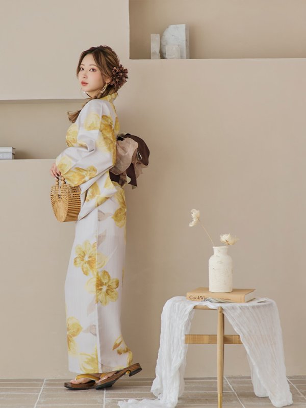 画像9: 【即日発送！】グレージュ×イエローフラワー浴衣  【浴衣３点セット 浴衣/帯/下駄】[YMT]