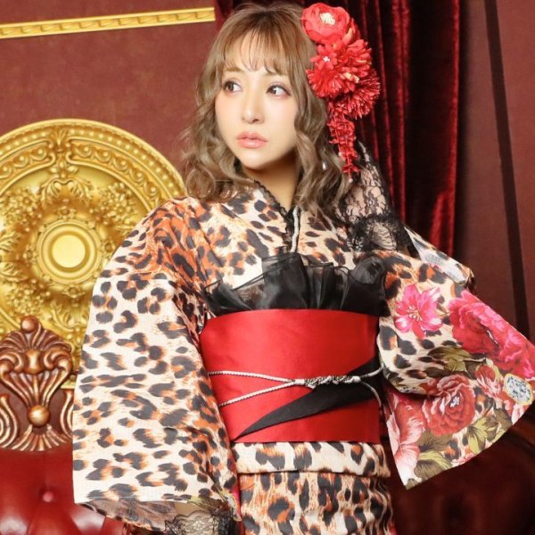 画像3: 【即日発送】値下げ！【さくりなコラボ】キラキラローズ&レオパード柄浴衣セット 【浴衣３点セット 浴衣/帯/下駄】（19obi-2/Yheko-BK/Yhimo-BK/GETA-01-kj-8-R）【YMT】