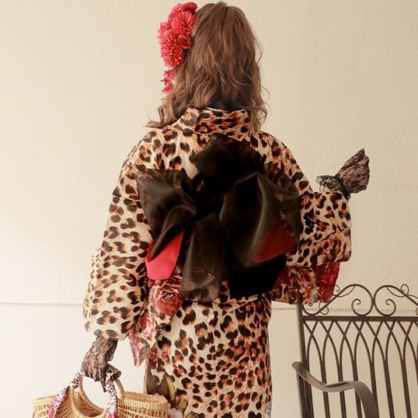 画像5: 【即日発送】値下げ！【さくりなコラボ】キラキラローズ&レオパード柄浴衣セット 【浴衣３点セット 浴衣/帯/下駄】（19obi-2/Yheko-BK/Yhimo-BK/GETA-01-kj-8-R）【YMT】