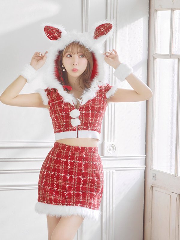 画像12: 【即日発送！】【サンタコス5点セット】【XS-XLサイズ/2カラー】ツイードチェックバニーサンタコスプレ[YMT]