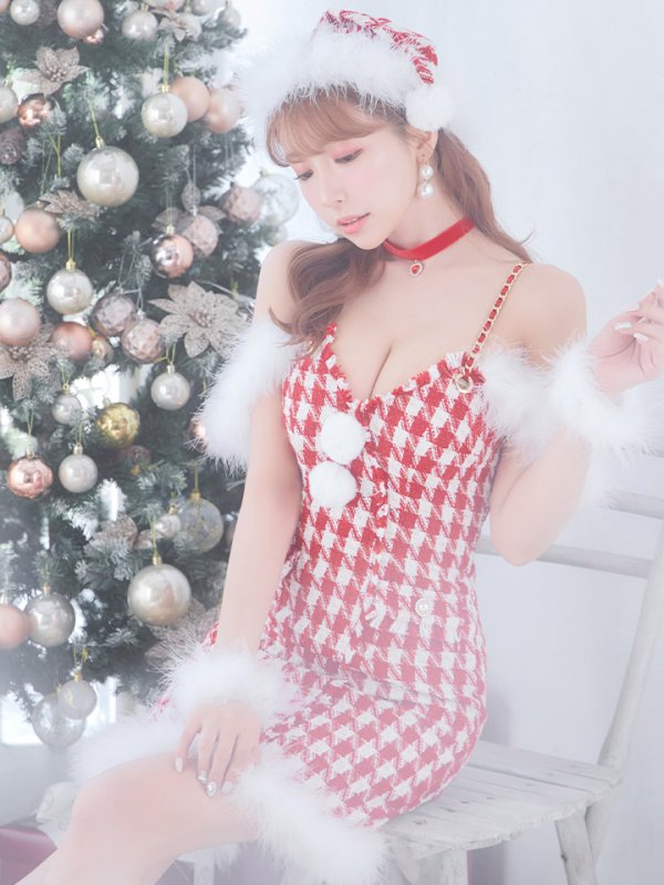 画像3: 【サンタセール！】【サンタコス5点セット】【S-XLサイズ/1カラー】千鳥柄ツイードキャミドレスサンタコスプレ[YMT]