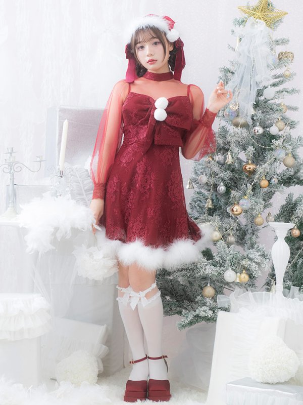 画像10: 【サンタセール！】【サンタコス3点セット】【S-XLサイズ/1カラー】チュールスリーブレースリボンサンタコスプレ[YMT]