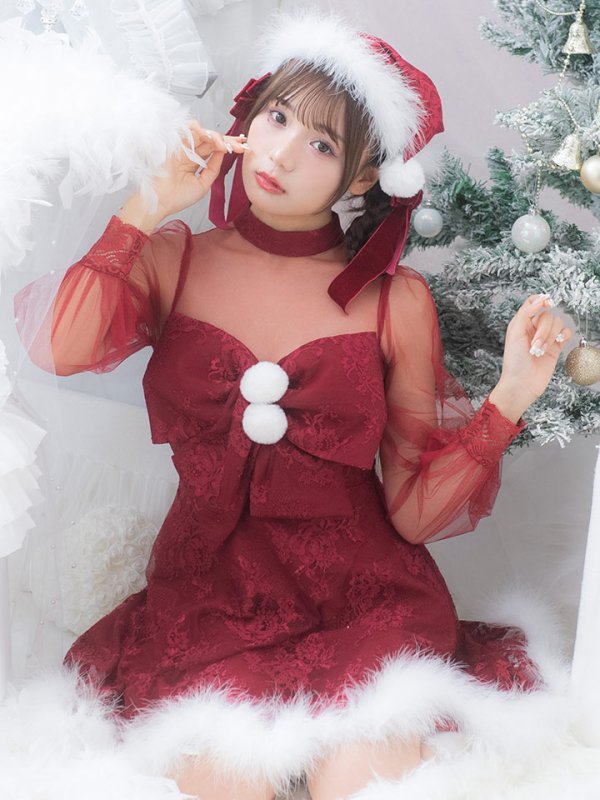 画像12: 【サンタセール！】【サンタコス3点セット】【S-XLサイズ/1カラー】チュールスリーブレースリボンサンタコスプレ[YMT]