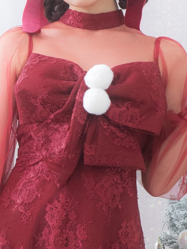 画像15: 【サンタセール！】【サンタコス3点セット】【S-XLサイズ/1カラー】チュールスリーブレースリボンサンタコスプレ[YMT]