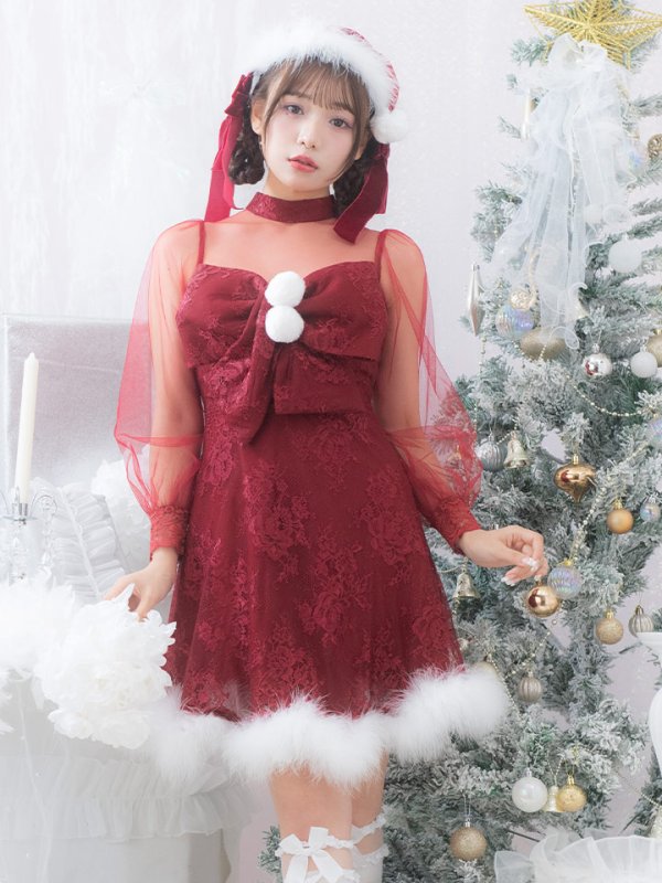 画像4: 【サンタセール！】【サンタコス3点セット】【S-XLサイズ/1カラー】チュールスリーブレースリボンサンタコスプレ[YMT]