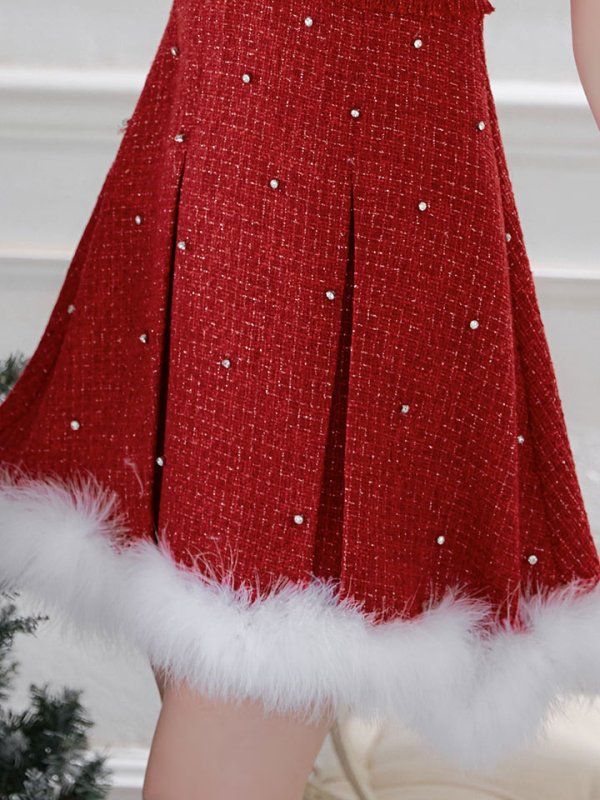 画像11: 【ノベルティ対象】【即日発送！】【サンタコス 4点セット】【XS-XLサイズ/3カラー】ツイードビジュープリーツスカートサンタコスプレ[YMT]