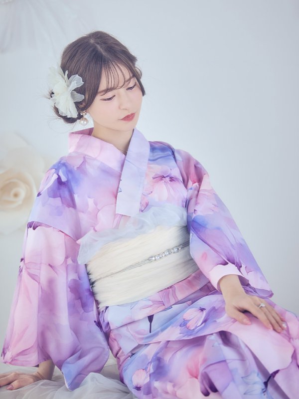画像4: 【即日発送】パステル水彩フラワーアンニュイ浴衣【浴衣３点セット 浴衣/帯/下駄】[YMT]