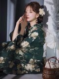 【予約 / 5月下旬発送予定】濃緑とベージュの花浴衣 OBI-siwa-200-kj-13-OW / HIMO-900-yn-3-GYxGD / HEKO-800-sb-5-W / YA-1023-wk-IV / GETA-02-ok-2-IV / [y/YMT]