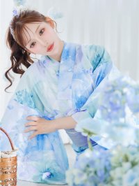 【即日発送】ブルーミントの水彩浴衣  【浴衣３点セット 浴衣/帯/下駄】[OF04/HC03]Y-9223-kj-BL-F-25AS