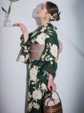 【予約 / 5月下旬発送予定】深緑の牡丹浴衣 OBI-hira-100-ok-1-BE / HIMO-900-yn-7-MOC / YA-1011-kj-GR / GETA-02-ok-4-MOC/ [yo/YMT]