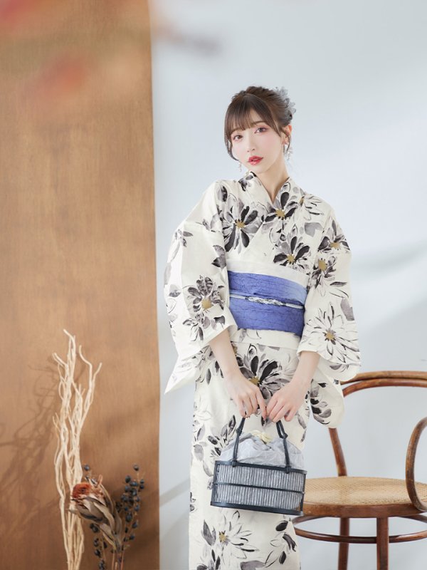 画像15: 【即日発送】水彩風モノトーンフラワー浴衣  【浴衣３点セット 浴衣/帯/下駄】[YMT]