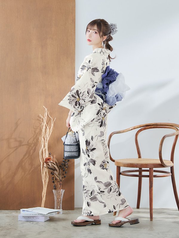 画像17: 【即日発送】水彩風モノトーンフラワー浴衣  【浴衣３点セット 浴衣/帯/下駄】[YMT]