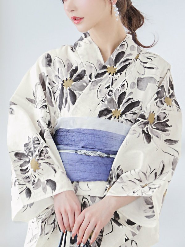 画像19: 【即日発送】水彩風モノトーンフラワー浴衣  【浴衣３点セット 浴衣/帯/下駄】[YMT]